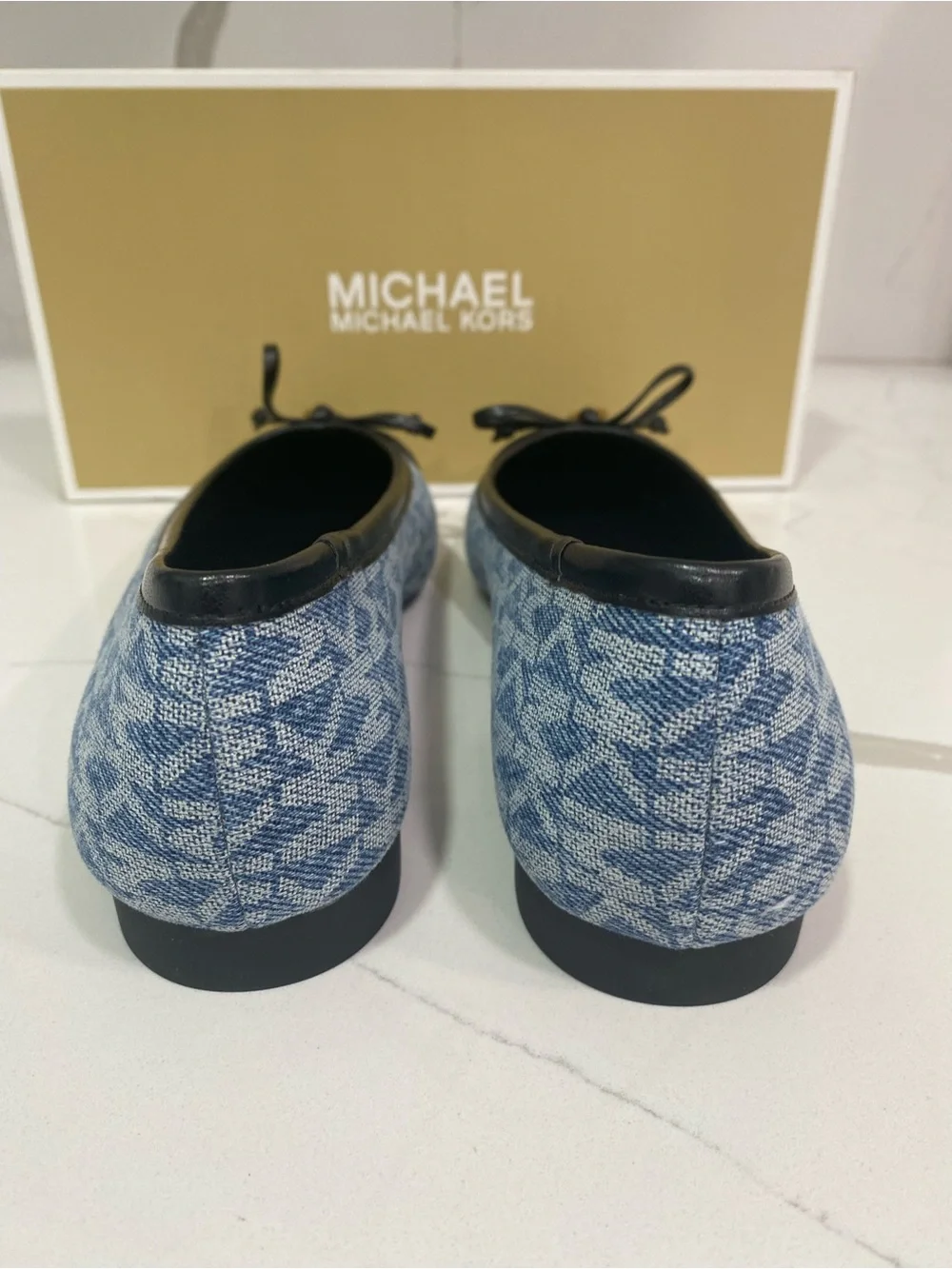 Michael Kors Blue Denim & Black MK Logo Ballet Flats with Gold Charm